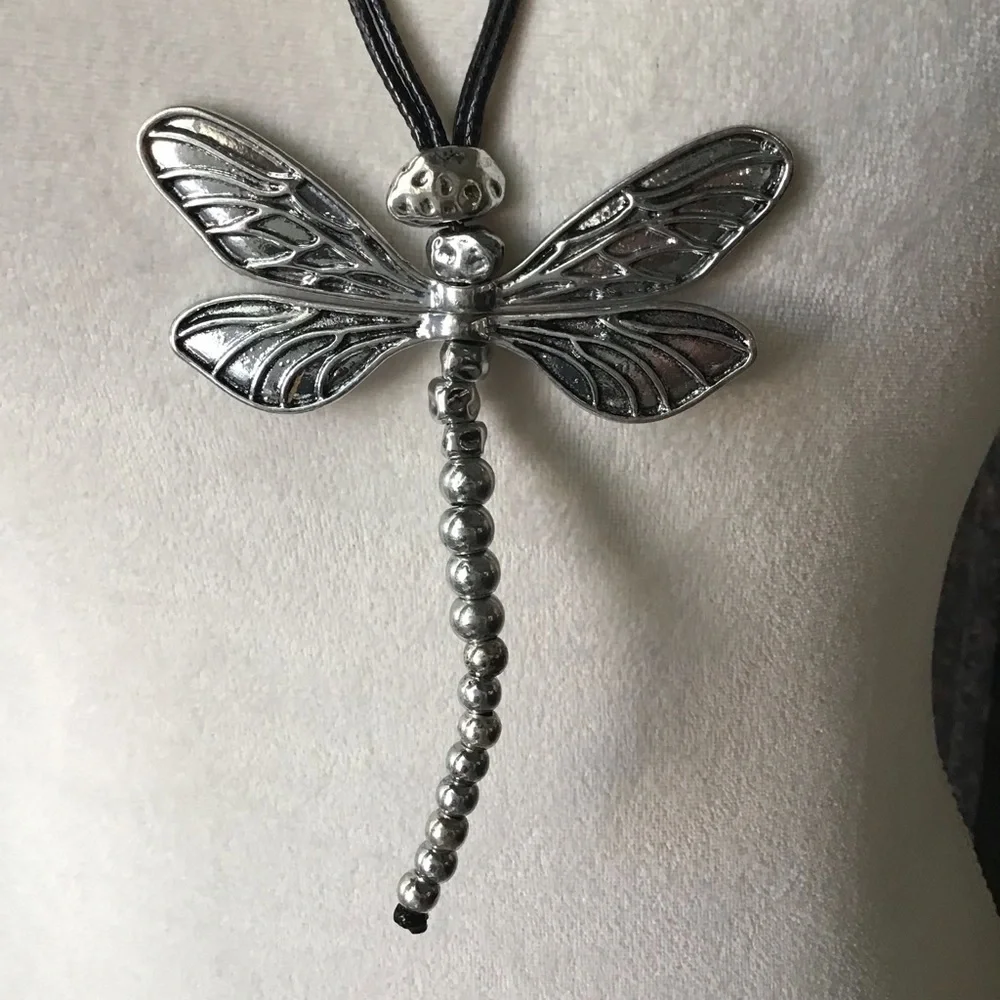 LAST 1! NEW Dragonfly Statement Necklace Movable Wings Gardener Black Cord Lucky